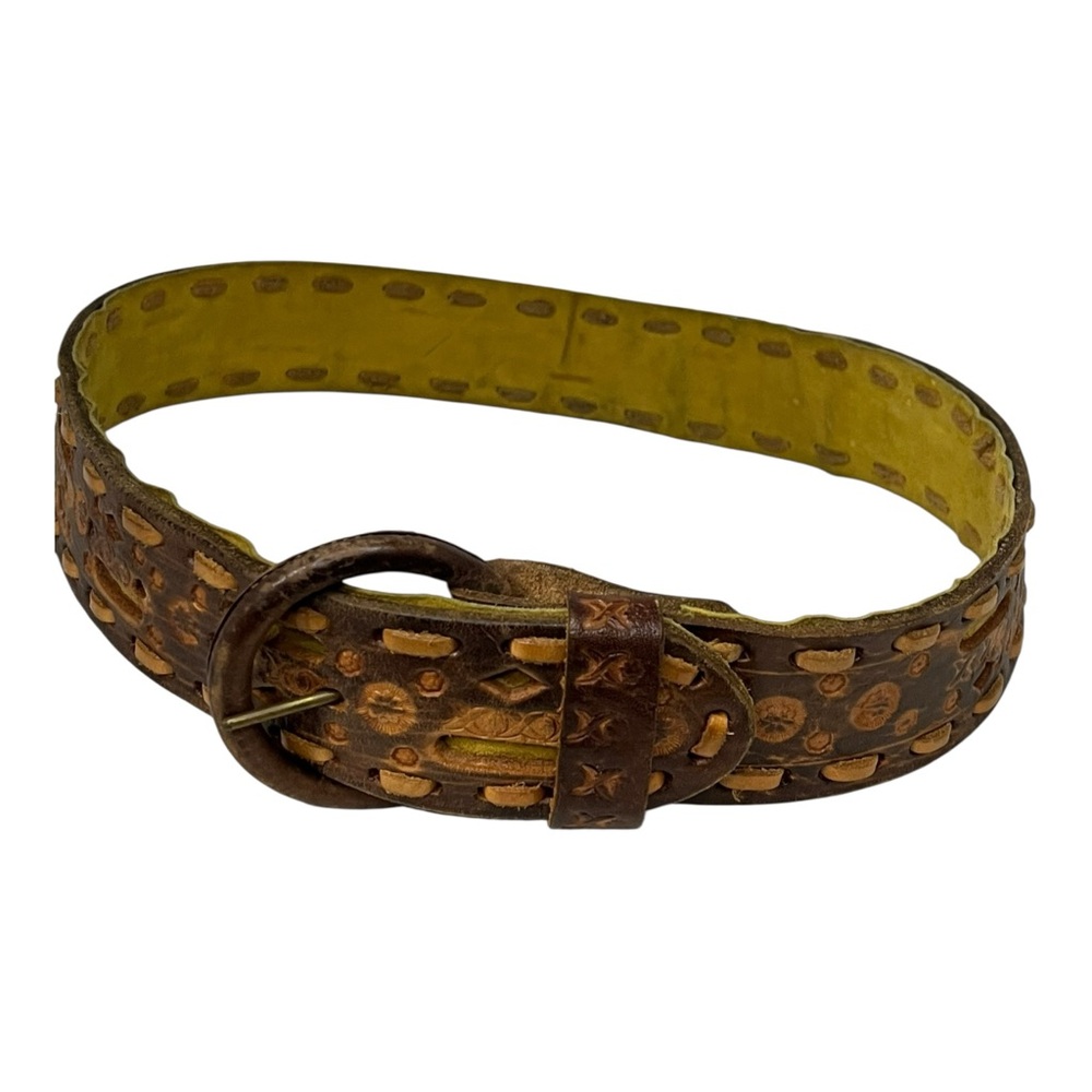 Vintage Brown Tooled Whipstitch Leather Belt